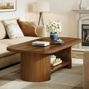 Tribesigns Oval Coffee Table with Storage Shelf, 45.27" Wood Center Table with Wooden Dual Base for Living Room, Brown