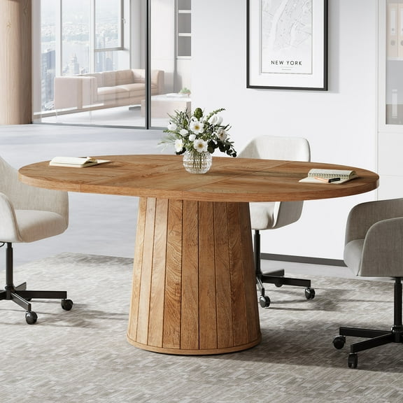 Tribesigns Oval Conference Table, 55.11 Inches Wood Meeting Table for 6 People, Rustic Meeting Seminar Boardroom Table with Wood Base for Office Conference Room (Light Brown)
