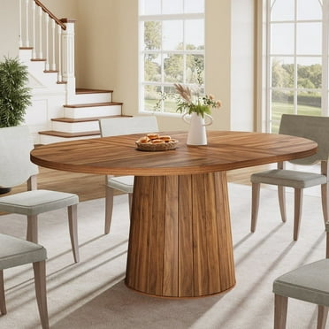 Tribesigns 55.11-Inch Oval Wood Dining Table with Cylindrical Pedestal for Dining Room (Brown)