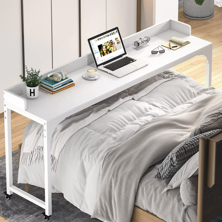 Tribesigns Overbed Table with Wheels Unadjustable Queen Size Mobile Desk with Heavy Duty Metal Legs White