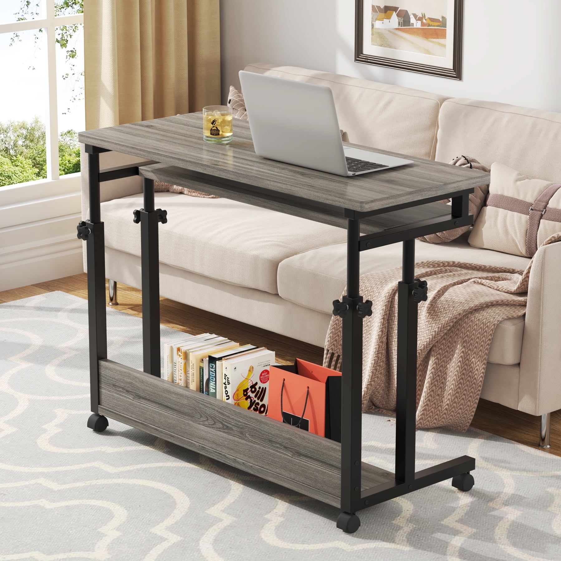 Tribesigns Portable Desk with Keyboard Tray, Height Adjustable Mobile Laptop Table Small Standing Desk with Wheels, Gray