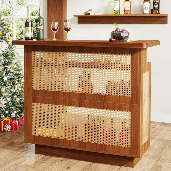 Tribesigns Rattan Home Bar Unit, Farmhouse 4-Tier Bar Table, Liquor Wine Bar Cabinet for Home Pub, Caramel Brown