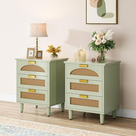 Tribesigns Rattan Nightstand, 3-Drawer Farmhouse Night Stand Side Table, Accent End Table(2PCS)