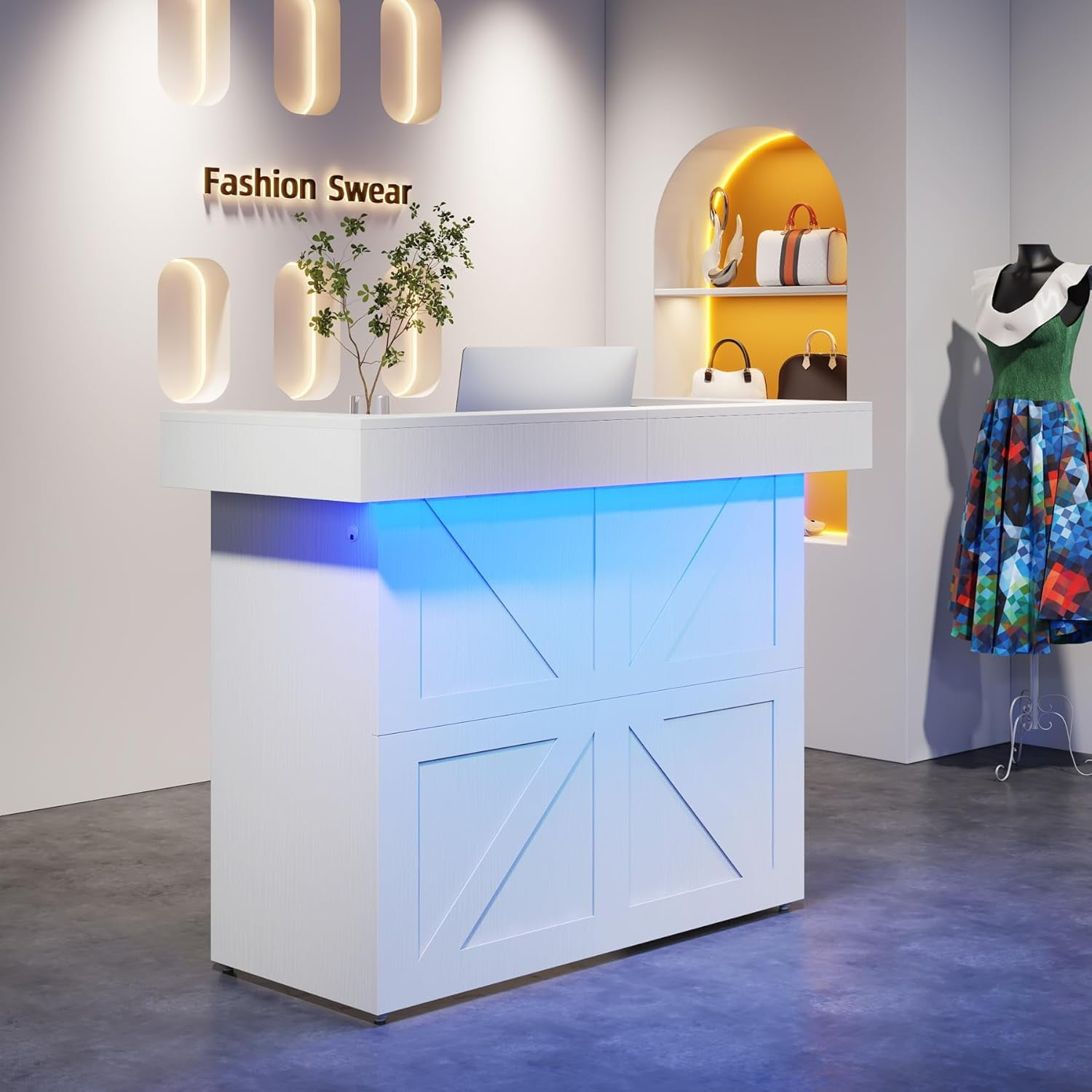 Tribesigns Reception Desk with Light, White Front Desk with Cable ...