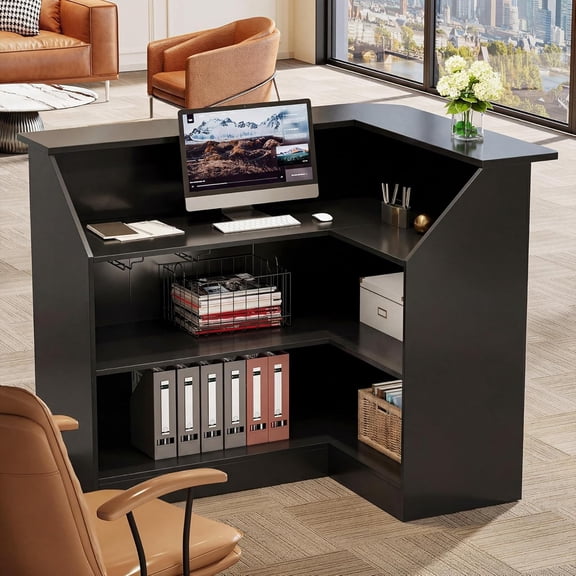Tribesigns Reception Desk with 3-Tier Storage & Stemware Rack, L-Shaped Front Counter, Office, Lobby, Black