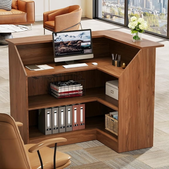 Tribesigns Reception Desk with 3-Tier Storage & Stemware Rack, L-Shaped Front Counter, Office, Lobby, Dark Walnut