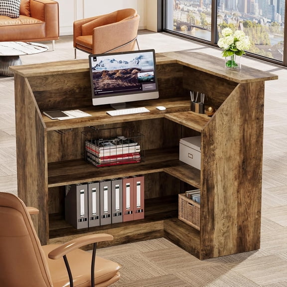 Tribesigns Reception Desk with 3-Tier Storage & Stemware Rack, L-Shaped Front Counter, Office, Lobby, Vintage Oak