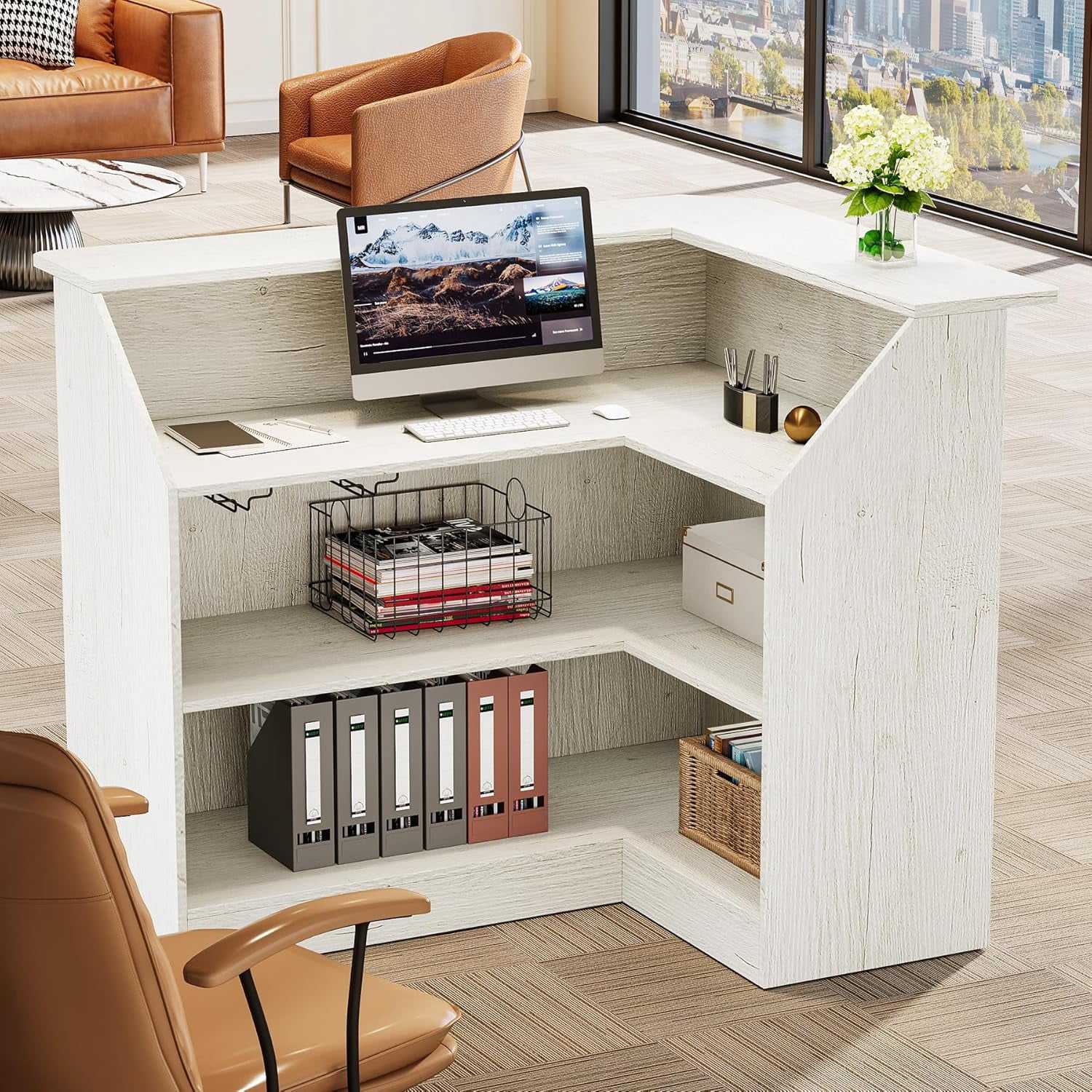 Reception Table With Rack Tribesigns Reception Desk with 3-Tier Storage & Stemware Rack, L-Shaped ...