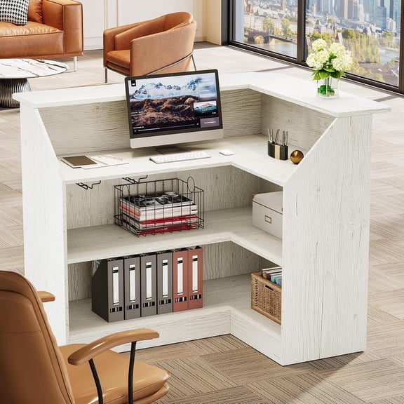 Tribesigns Reception Desk with 3-Tier Storage & Stemware Rack, L-Shaped Front Counter, Office, Lobby, White