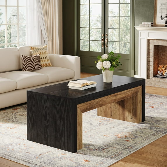 Tribesigns Rectangle Coffee Table for Living Room, Mid-Century Modern Coffee Table with Sturdy Base,Black & Walnut