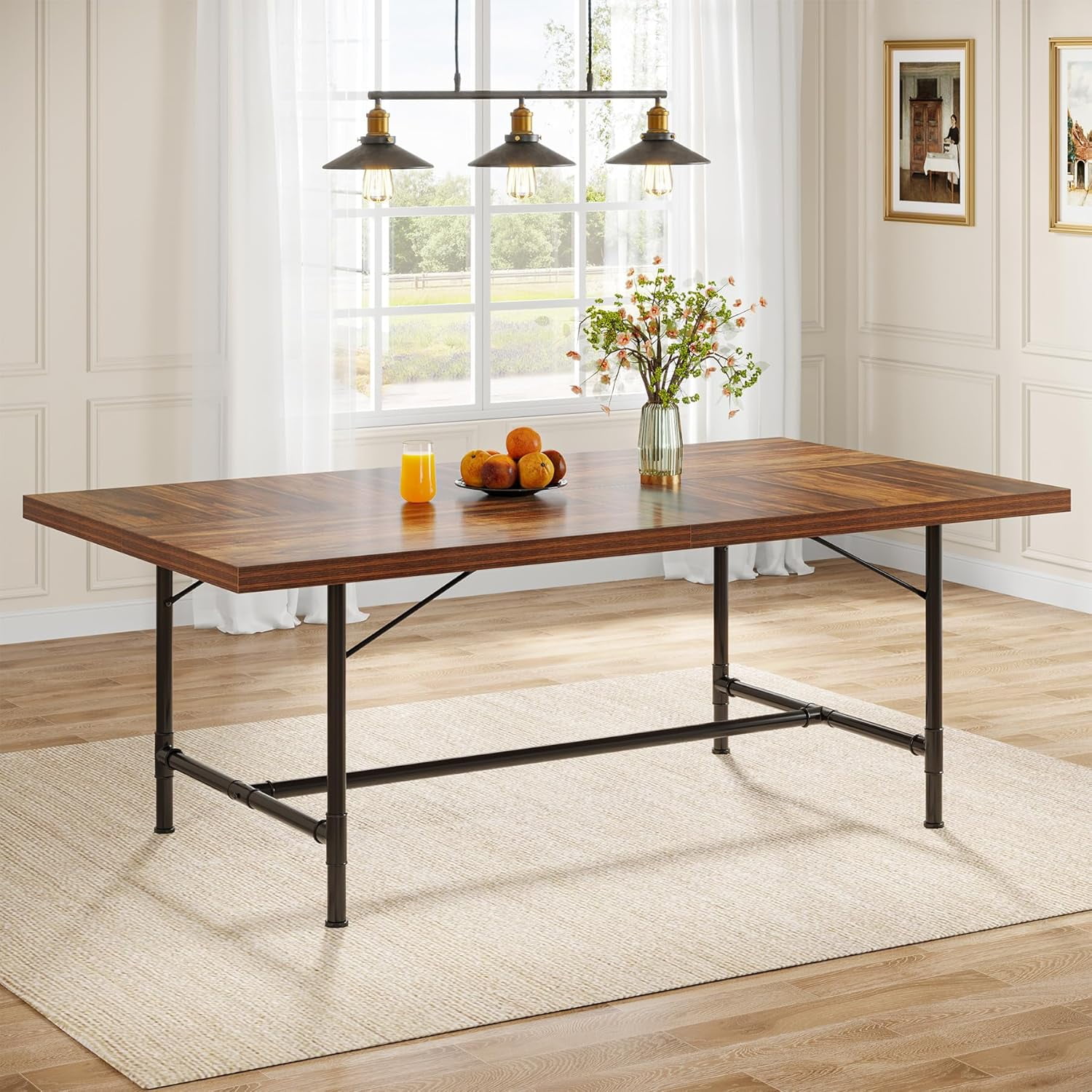 Rustic Brown Industrial Dining Table with Black Metal Frame for 8 People