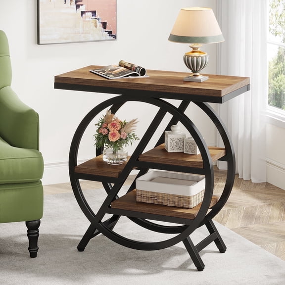 Finmind End Table for Living Room, Narrow Side Table with 4-tier Storage Shelf and Geometric Metal Frame for Couch, Industrial Nightstand for Bedroom, Light Brown