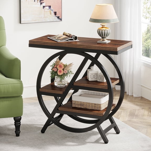 Finmind End Table for Living Room, Narrow Side Table with 4-tier Storage Shelf and Geometric Metal Frame for Couch, Industrial Nightstand for Bedroom, Rustic Brown