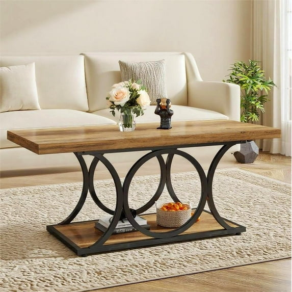 Fnova 47.24" Rectangular Coffee Table, Modern 2-Tier Imitation Marble Wood Coffee Tables with Storage Shelf for Living Room, Geometric Metal Legs, Easy Assembly