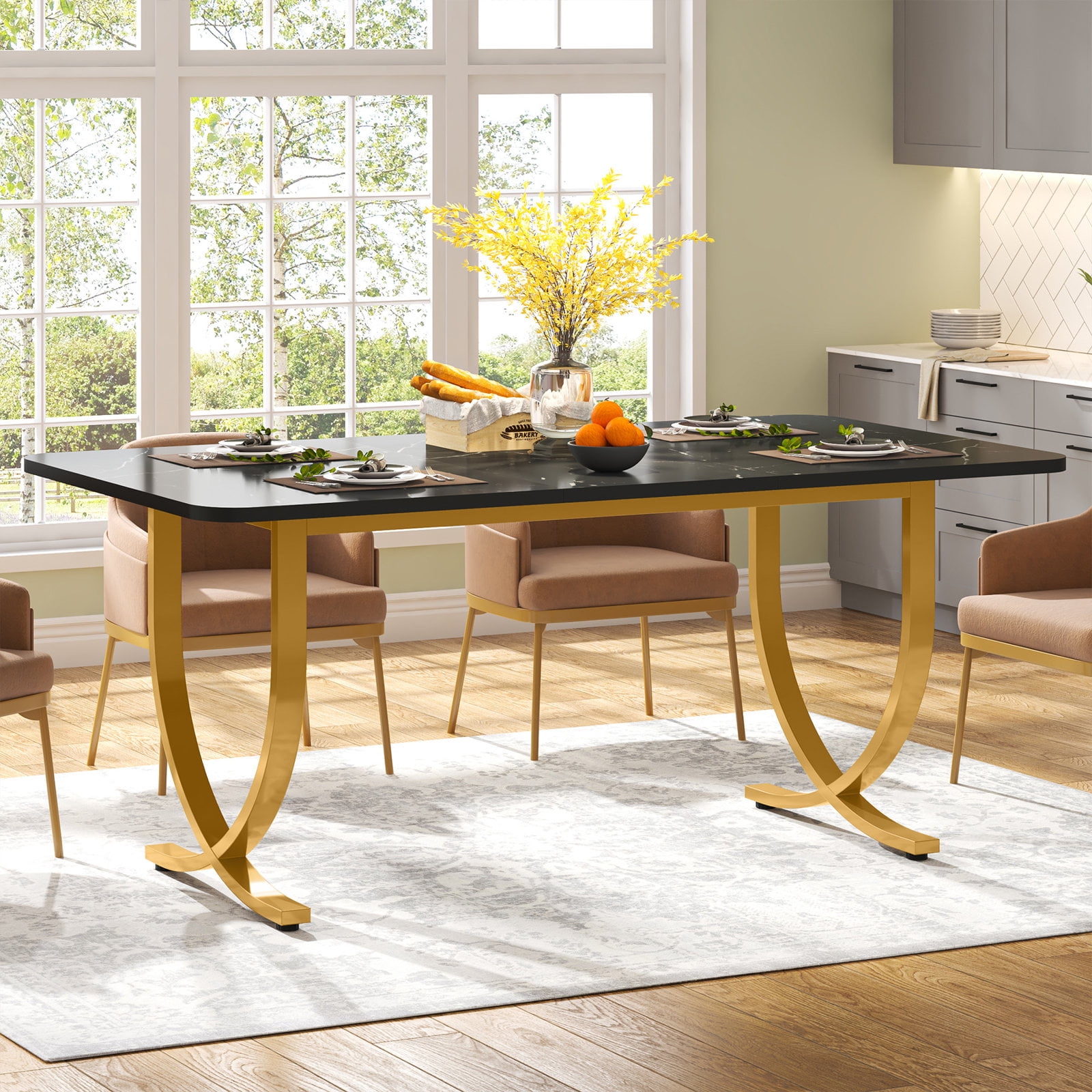 Tribesigns Rectangular Dining Table for 4 to 6, 63-Inch White and Gold Modern Kitchen Table with Faux Marble Table Top and Metal Legs for Dining Room, Kitchen or Living Room