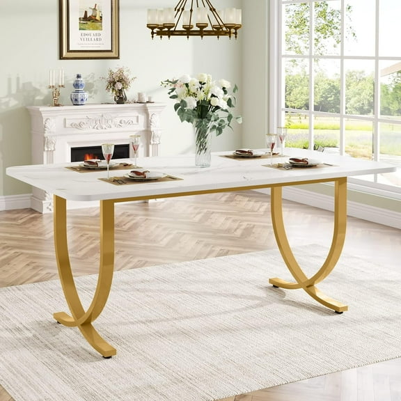 Finmind Rectangular Dining Table for 4 to 6, 63-Inch White and Gold Modern Kitchen Table with Faux Marble Table Top and Metal Legs for Dining Room, Kitchen or Living Room