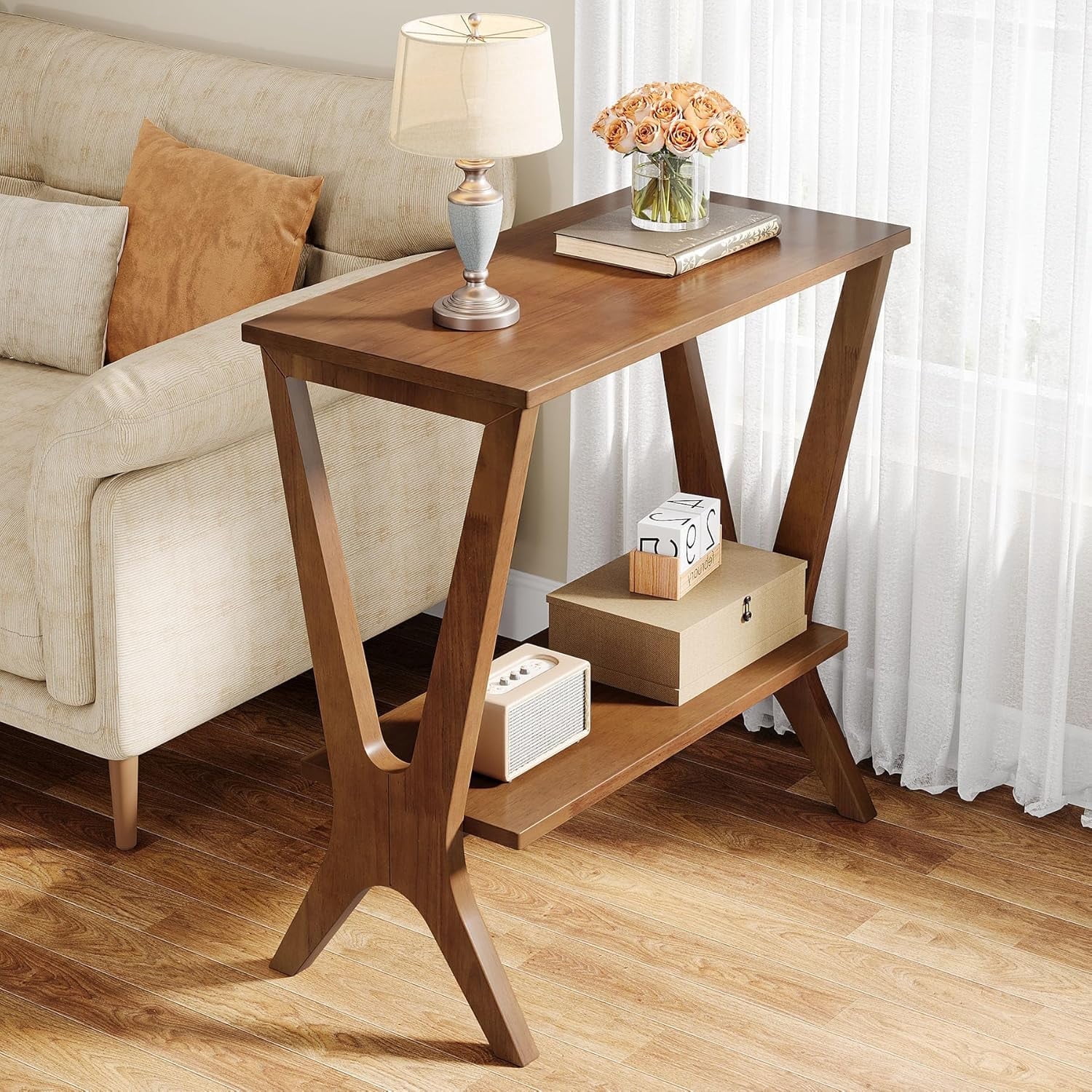 Tribesigns Retro 2-Tier Side Table, 23.6" Wooden Sofa End Table with Open Storage Shelves for Living Room, Bedroom, Small Space, Vintage Brown
