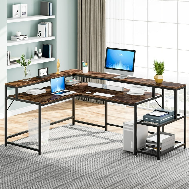 Tribesigns Reversible L Shaped Computer Desk with Monitor Stand, 69 Inch  Large Corner Desk with Storage Shelf, Industrial Computer Table Writing  Desk