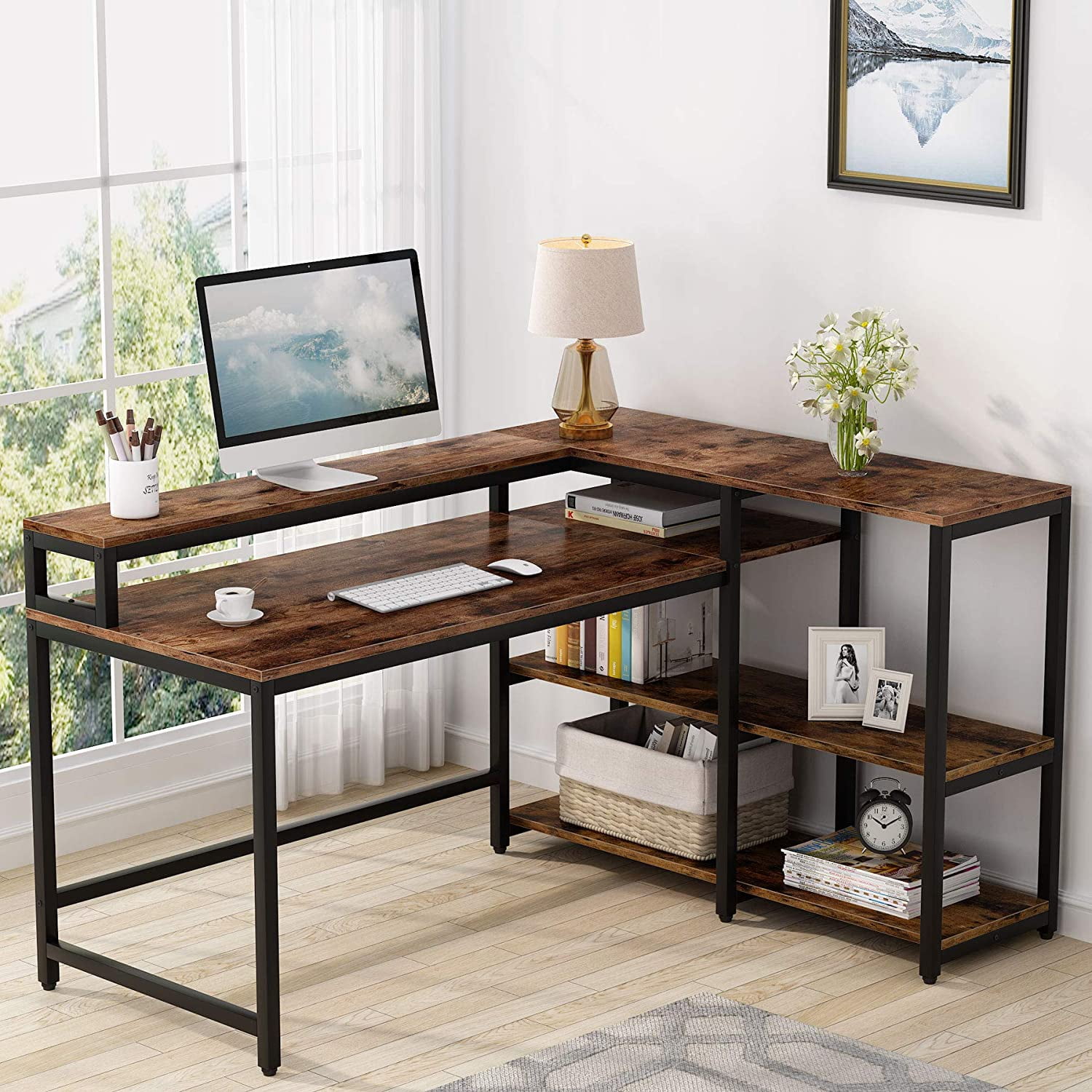 Walbrook Reversible L-Shape Computer Desks, 47'' or 55'' Work Desk with Adjustable Shelves 17 Stories Color: Rustic Brown, Size: 29.14 H x 47.24 W