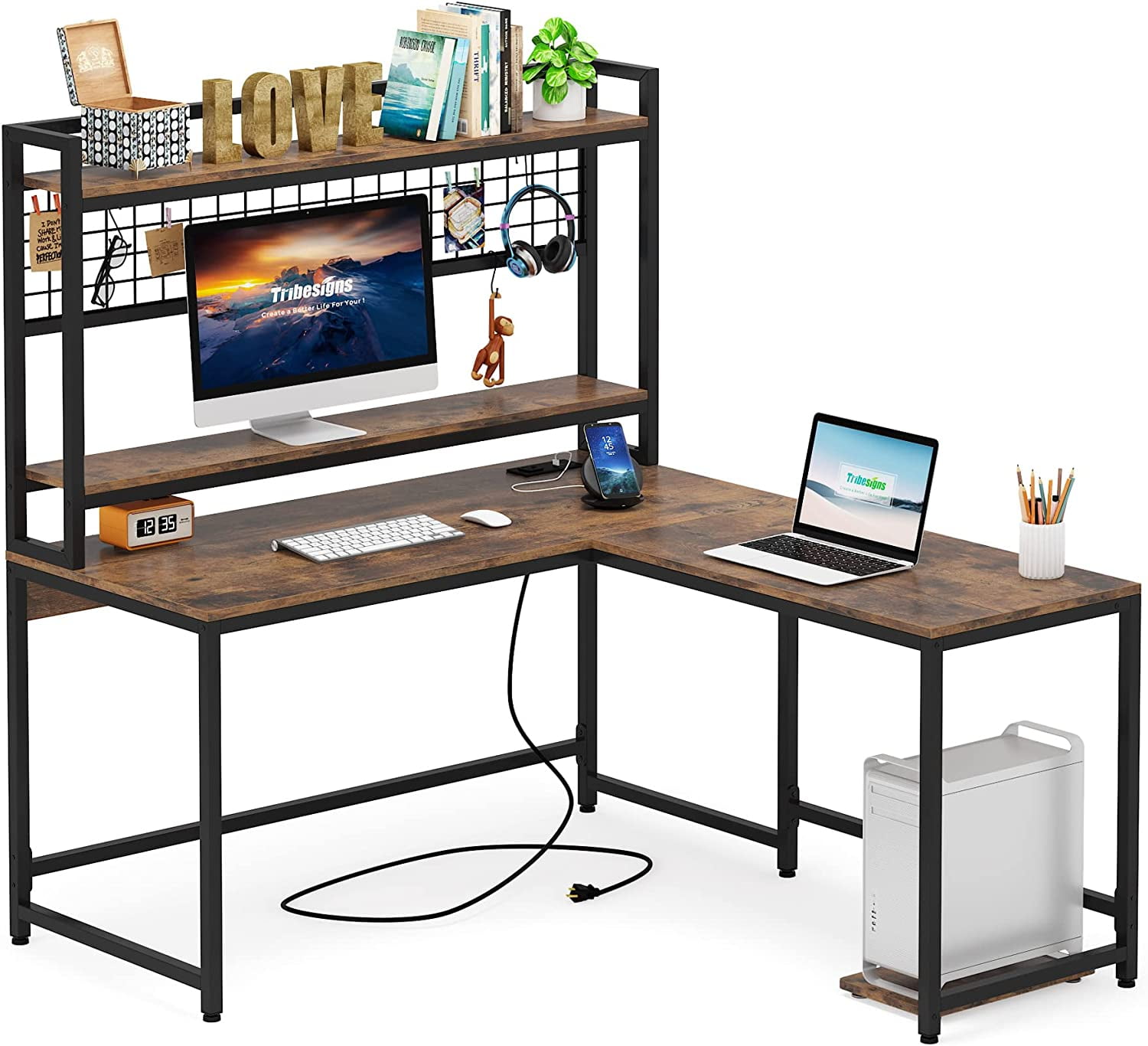 Tribesigns Reversible L Shaped Desk with Monitor Stand & Hutch Shelf