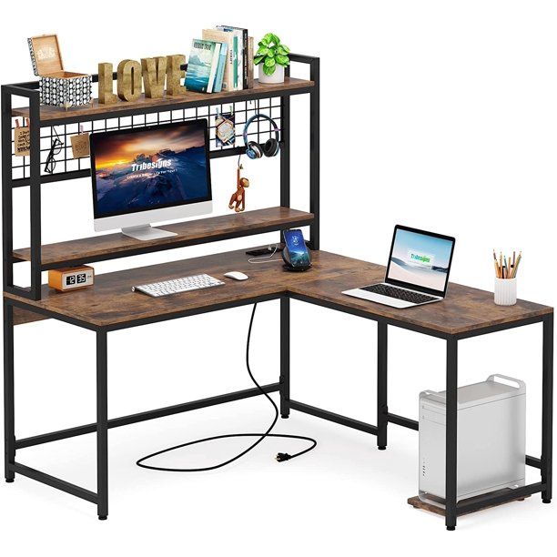 Tribesigns Reversible L Shaped Desk with Monitor Stand & Hutch Shelf