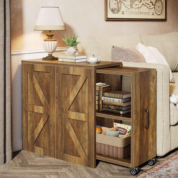 Tribesigns Rolling Side Table, 3-Tier Extendable End Table with Lockable Wheels & Storage Space, Wooden Narrow Nightstand for Bedroom, Living Room, Rustic Brown (23.6" to 46.4" Adjustable Length)