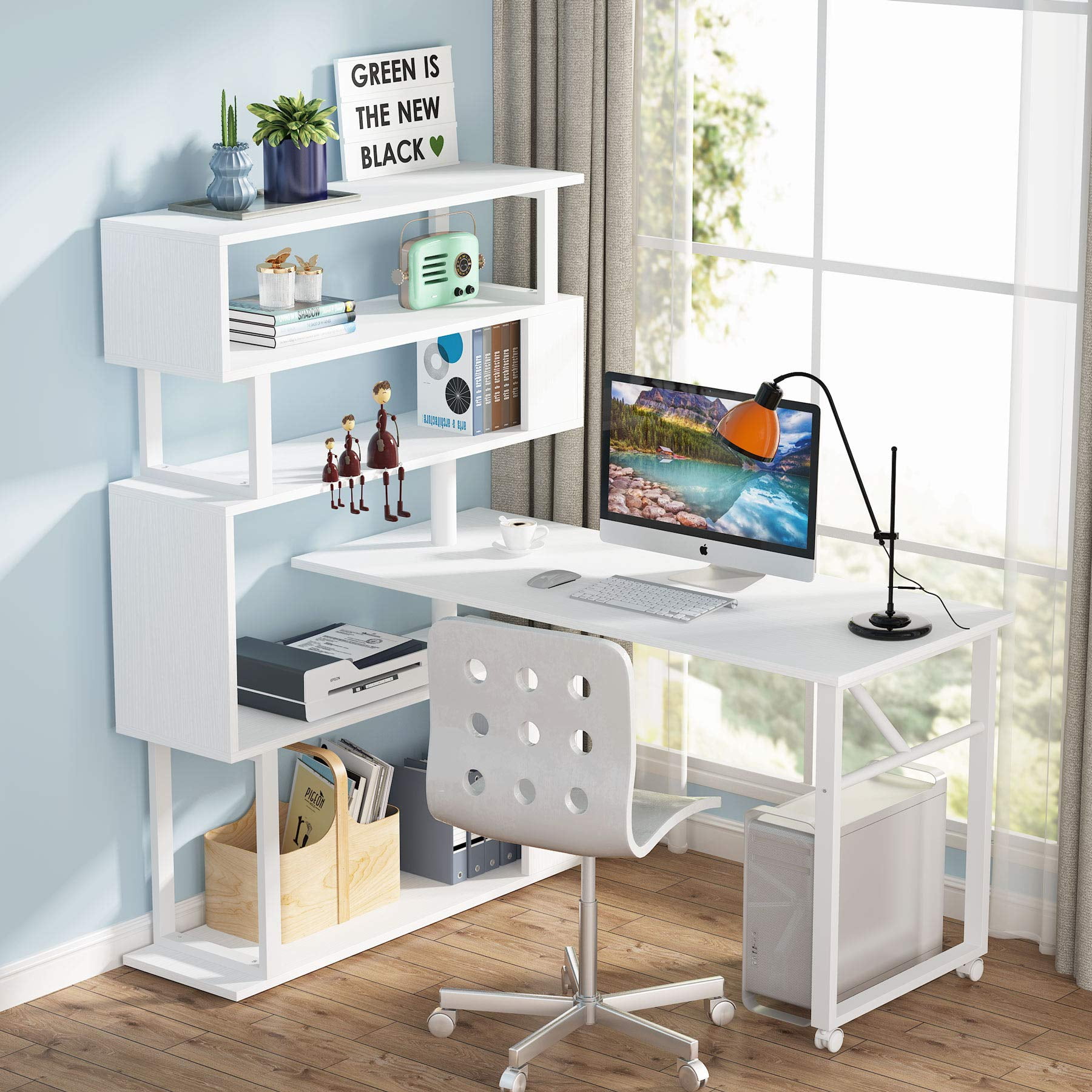 Tribesigns Rotating L Shaped Desk with Storage Bookshelf for Home Office