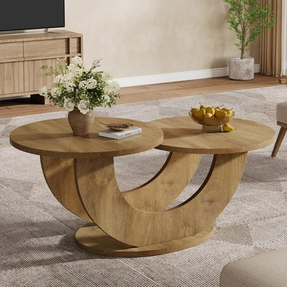 Finmind Round 2-Tier Coffee Table, U-Shaped Farmhouse Design, Living Room Cocktail Table, Ideal for Home & Apartment, Natural