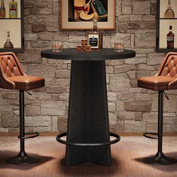 Tribesigns Round Bar Table, 37.4'' Tall Wooden Bistro Pub Table with Base and Metal Ring Footrest for Coffee House, Kitchen Dining (Chairs Not Included), Black
