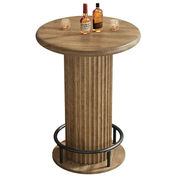 Tribesigns Round Bar Table, Fluted Wooden Bistro Cocktail Table with Metal Footrest, 35.4" High Top Pub Tables for Small Space, Living Room