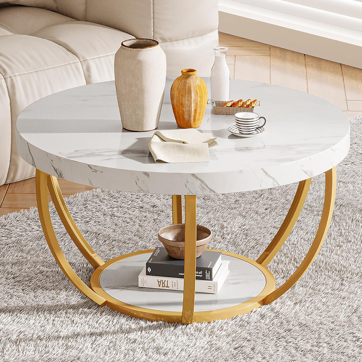 Tribesigns Round Coffee Table, 2 Tier Modern Coffee Table with Faux ...