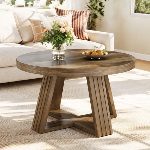 Tribesigns Round Coffee Table, 31.5 Inch Farmhouse Center Table with Solid Tabletop & Thickened Cross-Shaped Wood Frame, for Living Room, Bedroom, Small Spaces, Rustic Brown