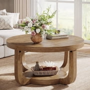 Tribesigns Round Coffee Table, Circle Coffee Table with 2-Tier Storage for Living Room Rustic Oak