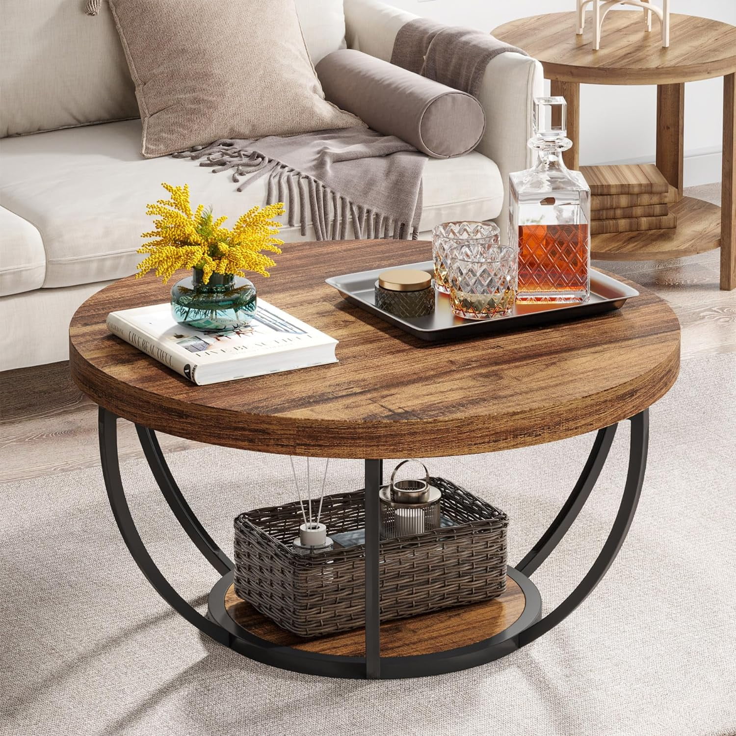 Tribesigns Round Coffee Table, 2-Tier Cocktail Table With Storage Shelves | UK