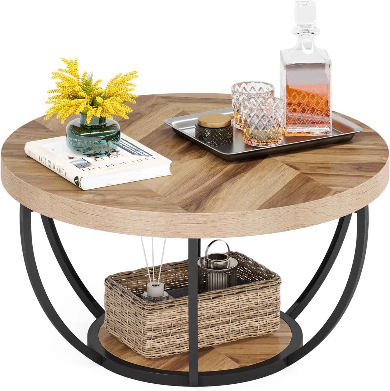 Tribesigns Round Coffee Table Modern Industrial 2Tier Cocktail Table with Storage Shelves