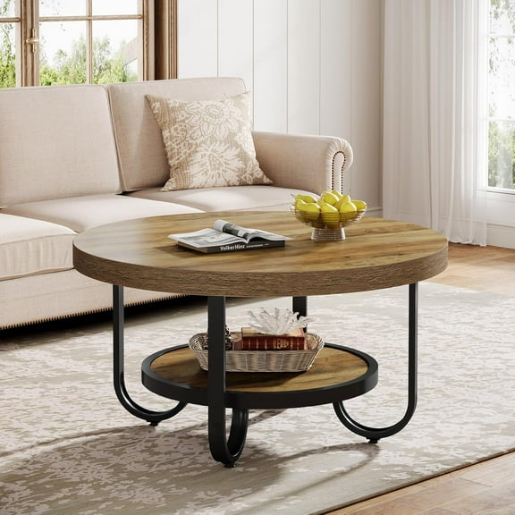 Tribesigns Round Coffee Table for Living Room, 2-Tier Center Table with Storage Shelf