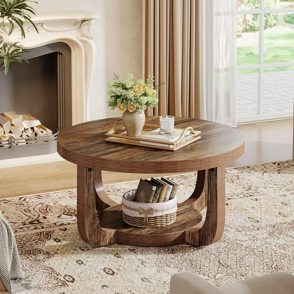 Tribesigns Round Coffee Table with Storage, 2-Tier Circle Coffee Table for Living Room, Thick Tabletop & Base, Rustic Brown