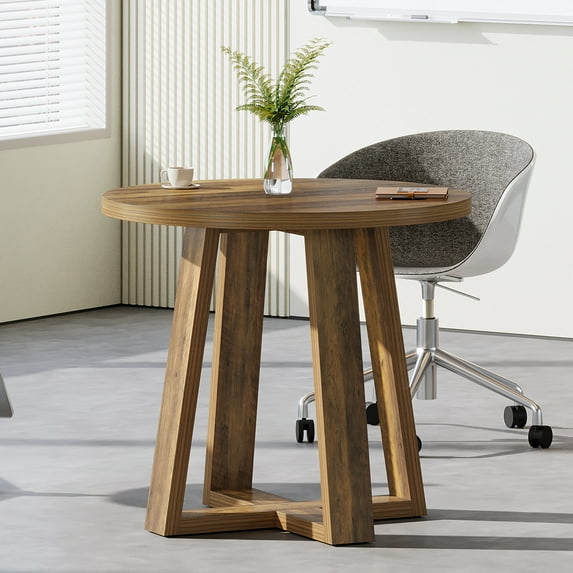 Tribesigns Round Conference Table for 2-4 People, 31.5-Inch Small Wooden Office Table with Sturdy Base, Farmhouse Home Office Meeting Desk for Small Spaces, Rustic Brown