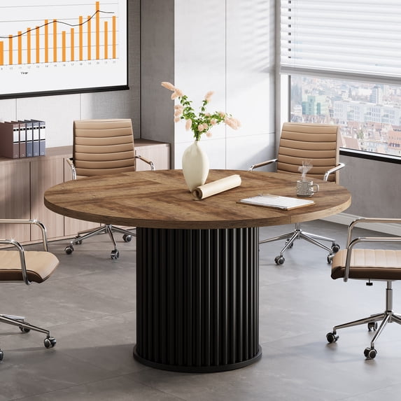 Tribesigns Round Conference Table, 47-Inch Wooden Meeting Table for 4-6 People with Sturdy Metal Base for Conference Room, Black