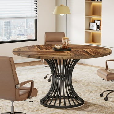Tribesigns Round Conference Table for 4-6, 47-Inch Meeting Table for Conference Room, Rustic Brown & Black