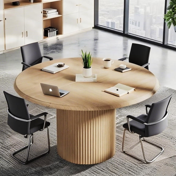 Tribesigns Round Conference Table for 4-6, 47" Wooden Meeting Desk for Office, Little Brown