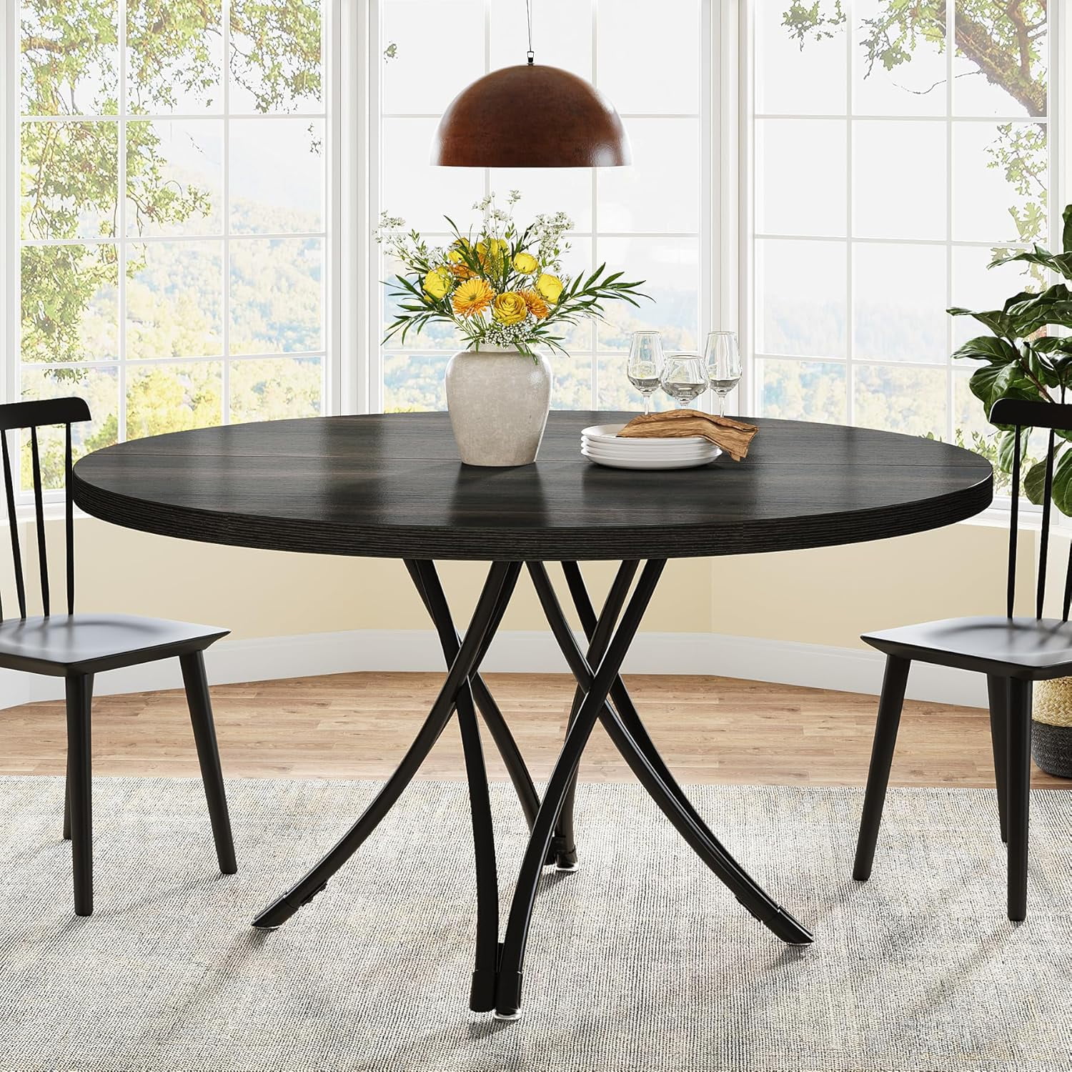 Modern Black Round Wood Dining Table with Metal Legs, 47-Inch