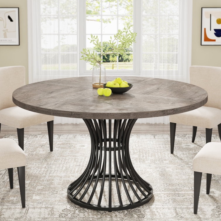 Gray 47-Inch Round Farmhouse Dining Table with Metal Base