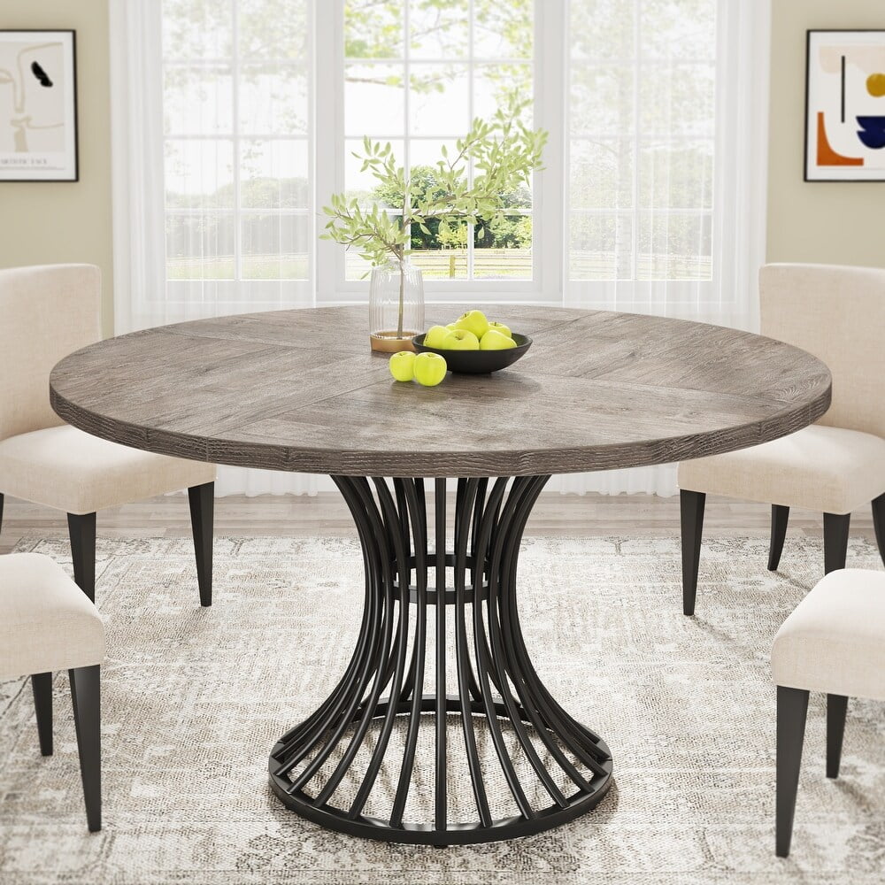 Gray 47-Inch Round Farmhouse Dining Table with Metal Base