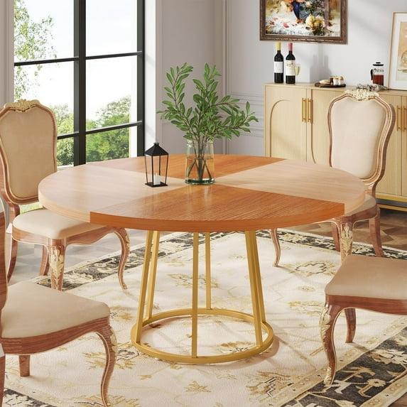 Finmind Round Dining Table for 4 People, 47 inch Kitchen Table Large Dinner Table with Circle Metal Base for Home Kitchen Dining Room Living Room, Light Brown & Gold