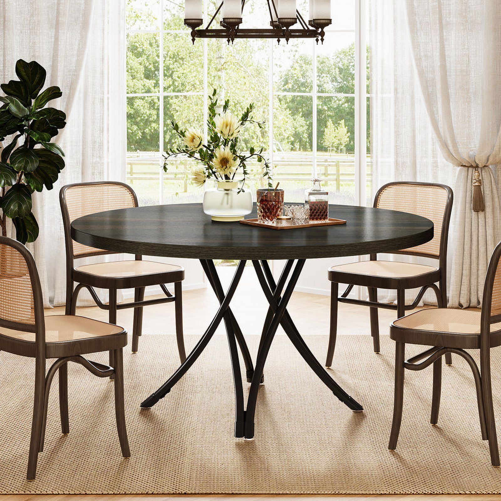 Modern Black Round Wood Dining Table with Metal Legs, 47-Inch