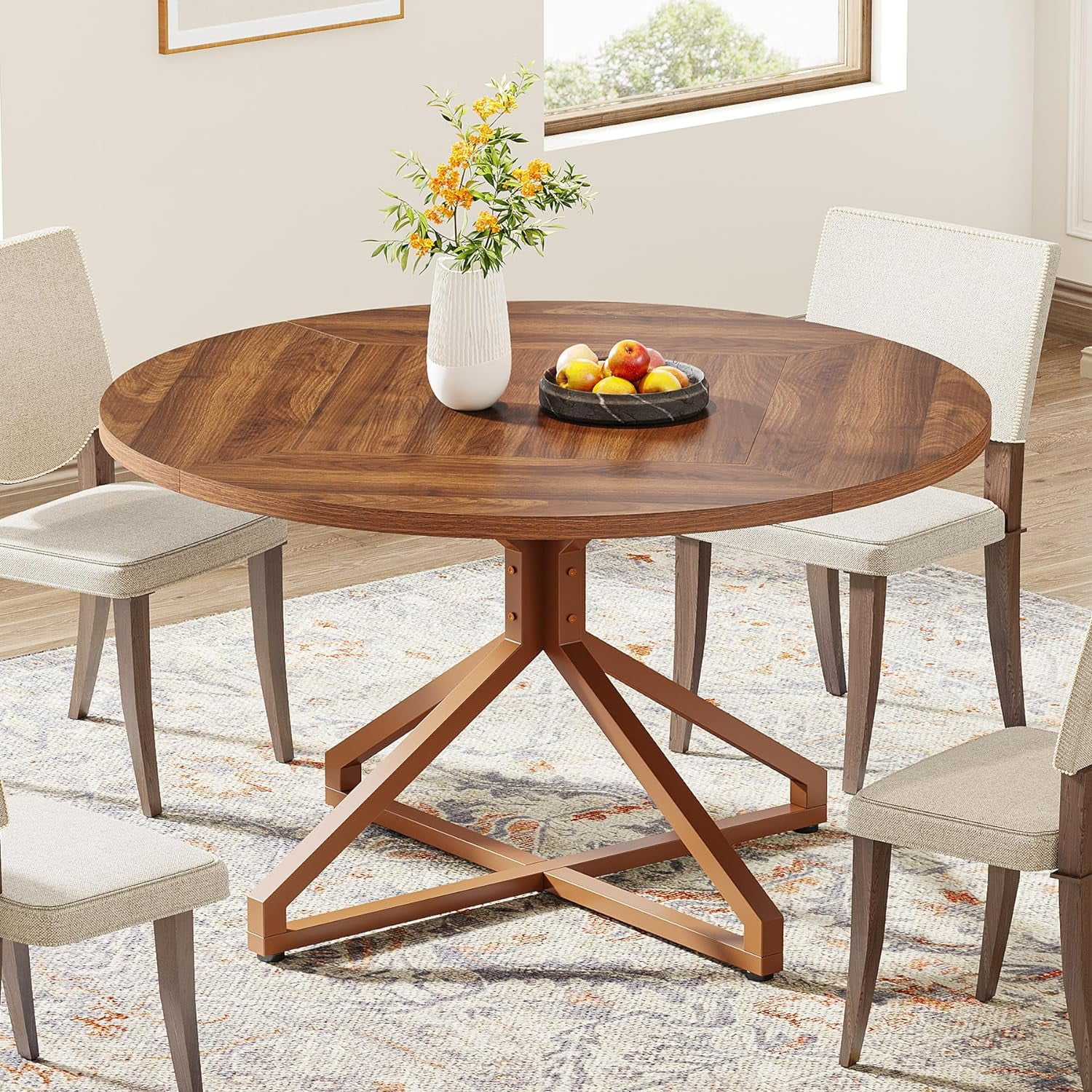 Brown Round Wood Dining Table with Metal Pedestal Base