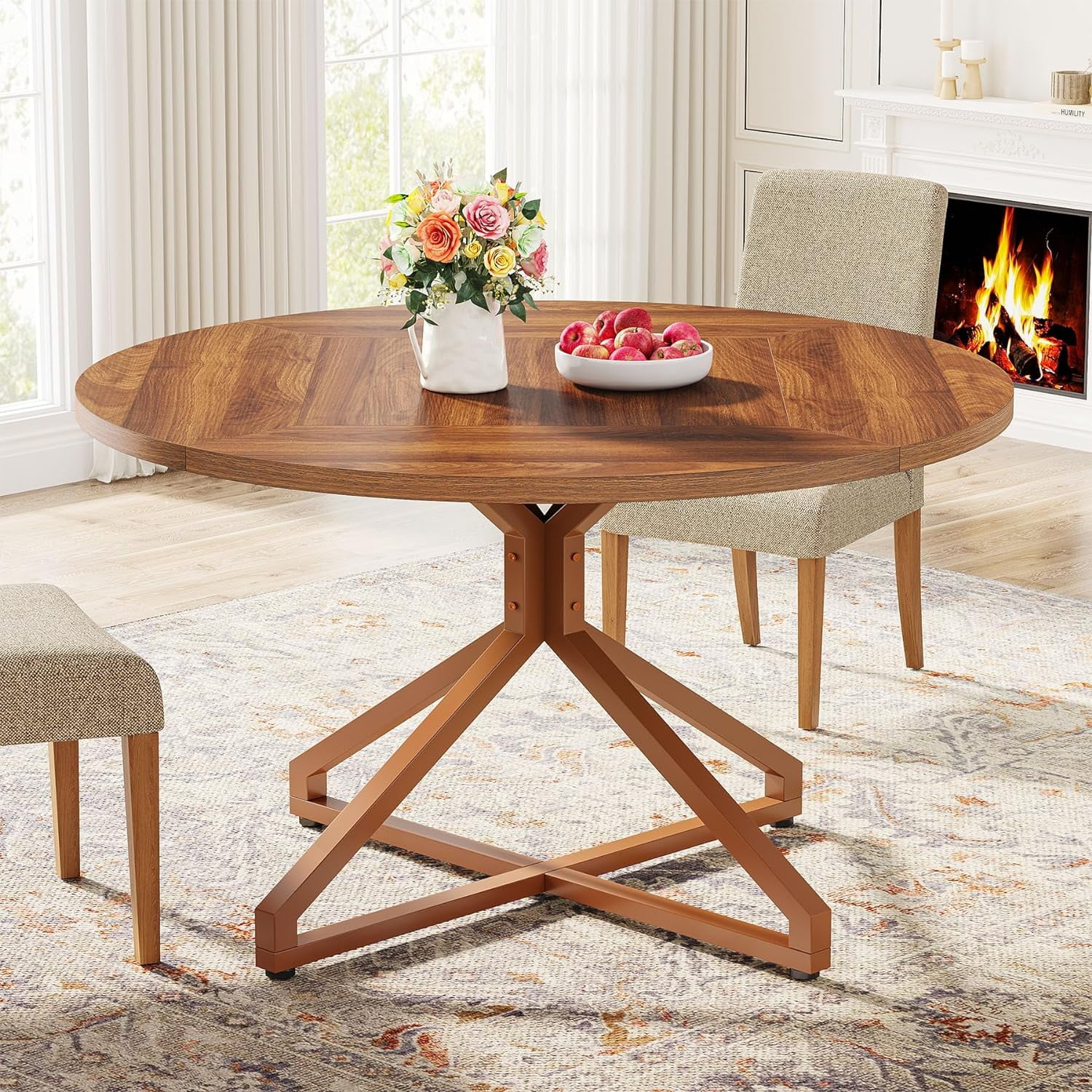 Brown Round Wood Dining Table with Metal Pedestal Base