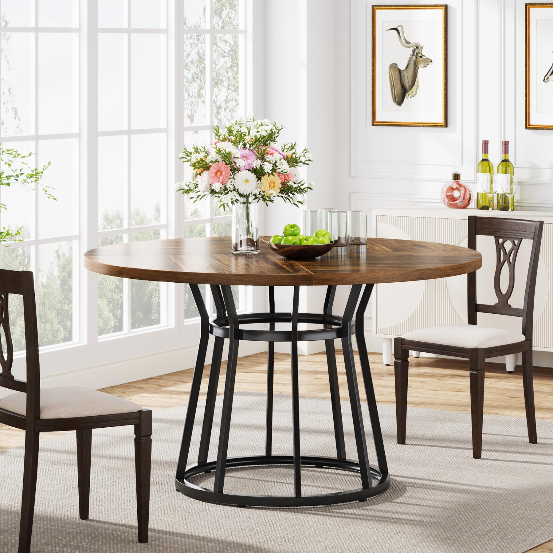 Brown Round Wood Dining Table with Black Metal Base, 47.2 Inch