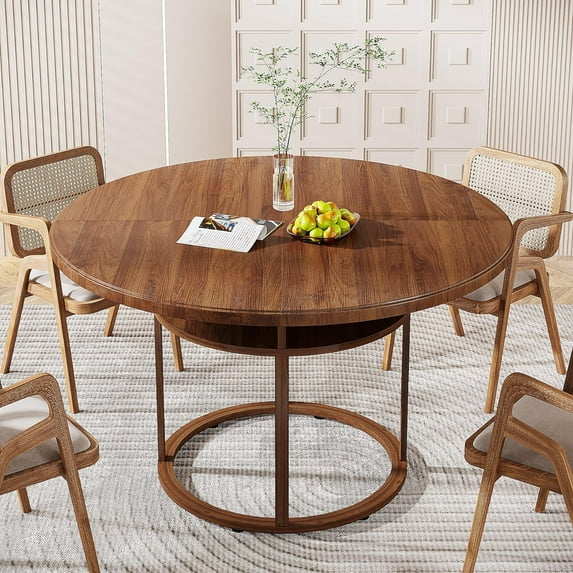 Tribesigns Round Dining Table for 4 to 6, 47" Kitchen Table with Metal Frame and 4 Divided Storage Compartments for Home, Walnut